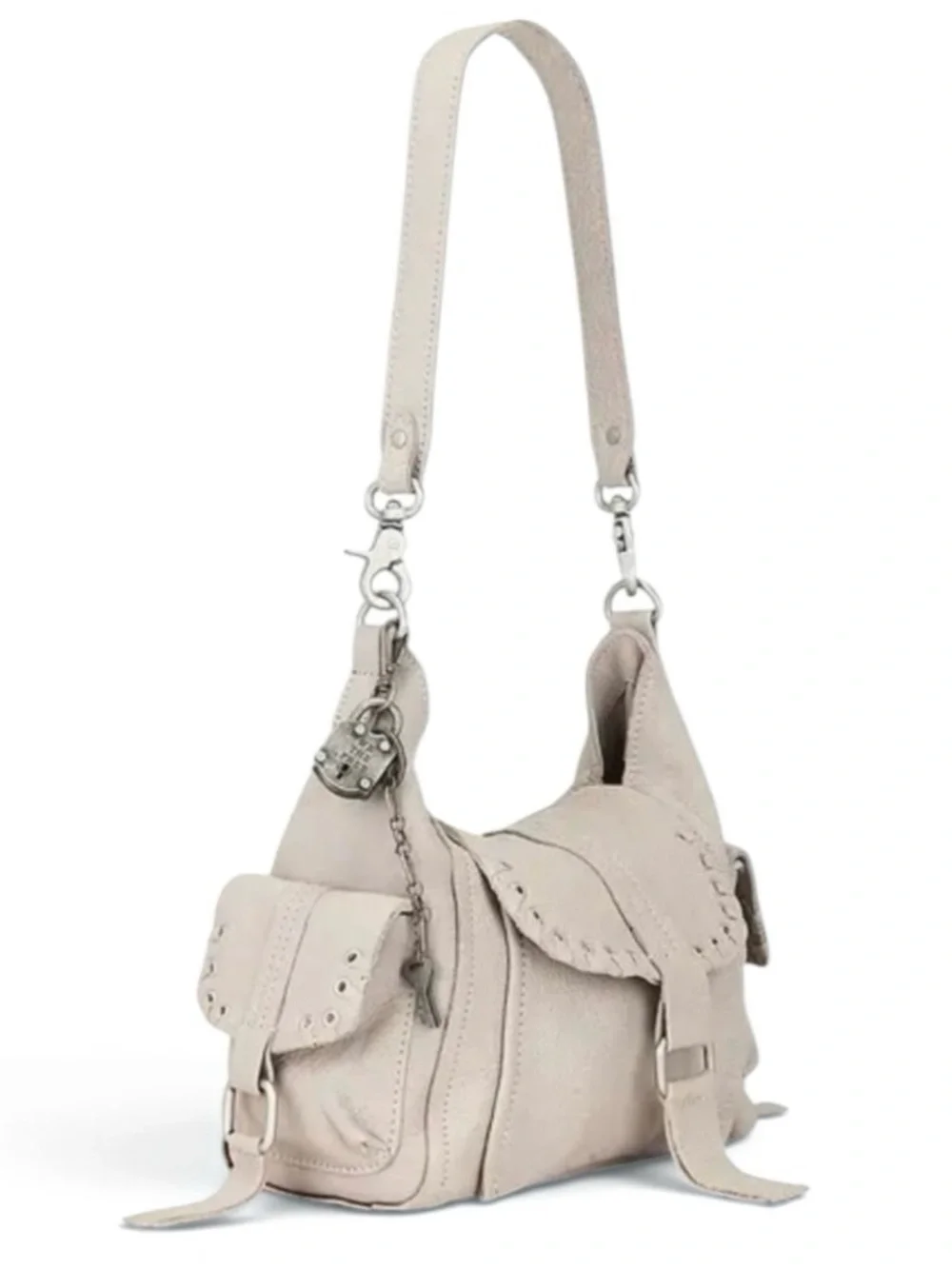 Free People Baby Leigh Pearl Leather Hobo Crossbody Shoulder Bag Lock Key Charm